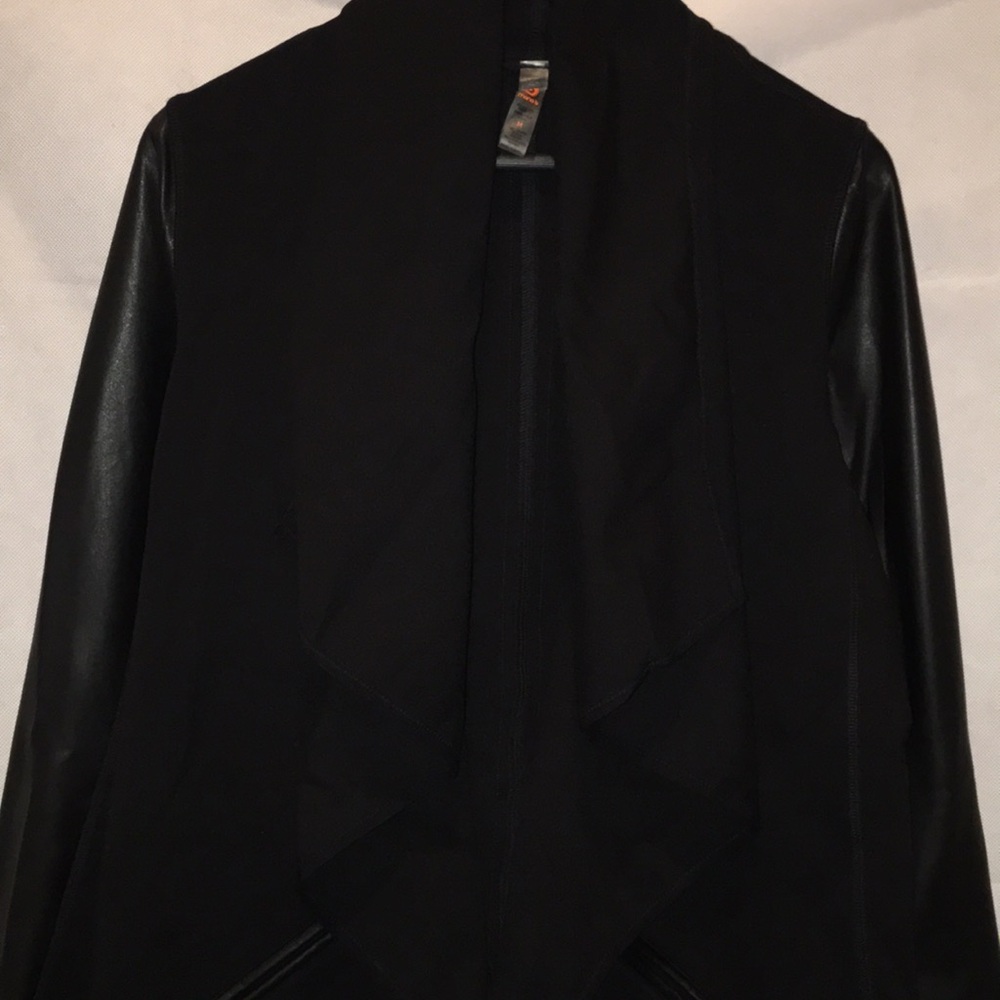 NWT Mono B Faux Leather Detail Open Front Waterfall Black Cardigan Light Jacket
